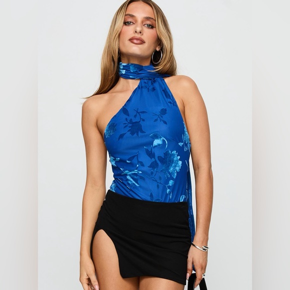 Princess Polly Tops - NWT Princess Polly Frostbloom Royal Blue Scarf Neck Bodysuit size 2